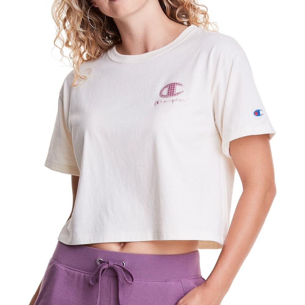 NWT Champion Cropped Graphic T-Shirt Cream/Velour Pink Logo Patch Short Sleeve M
